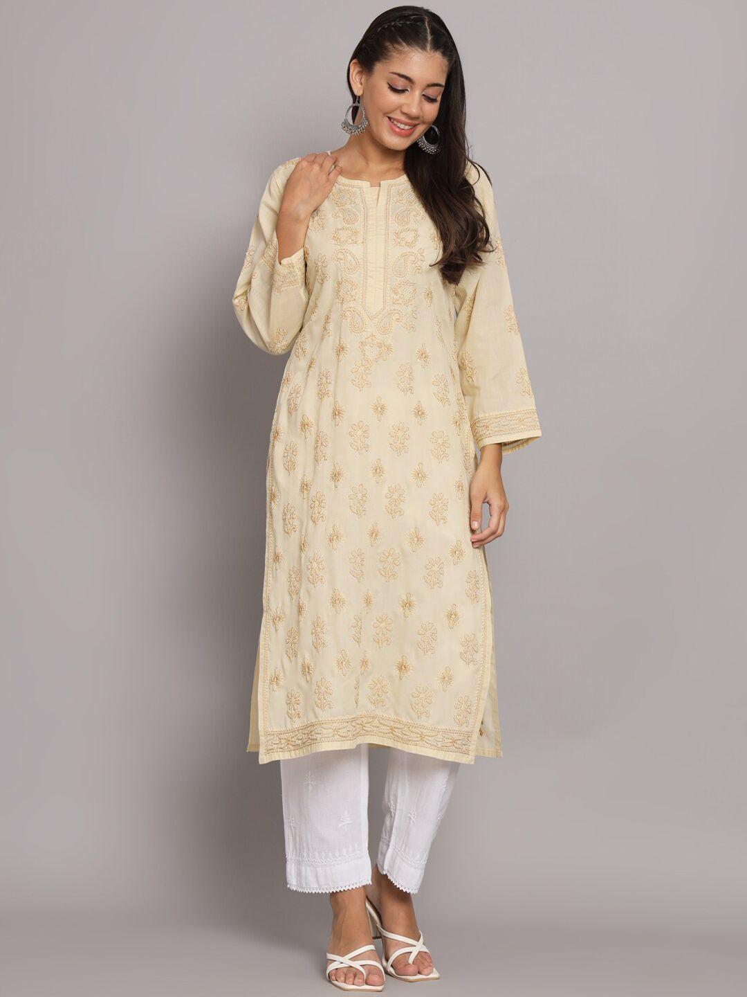 paramount chikan women beige ethnic motifs embroidered flared sleeves gotta patti floral kurta