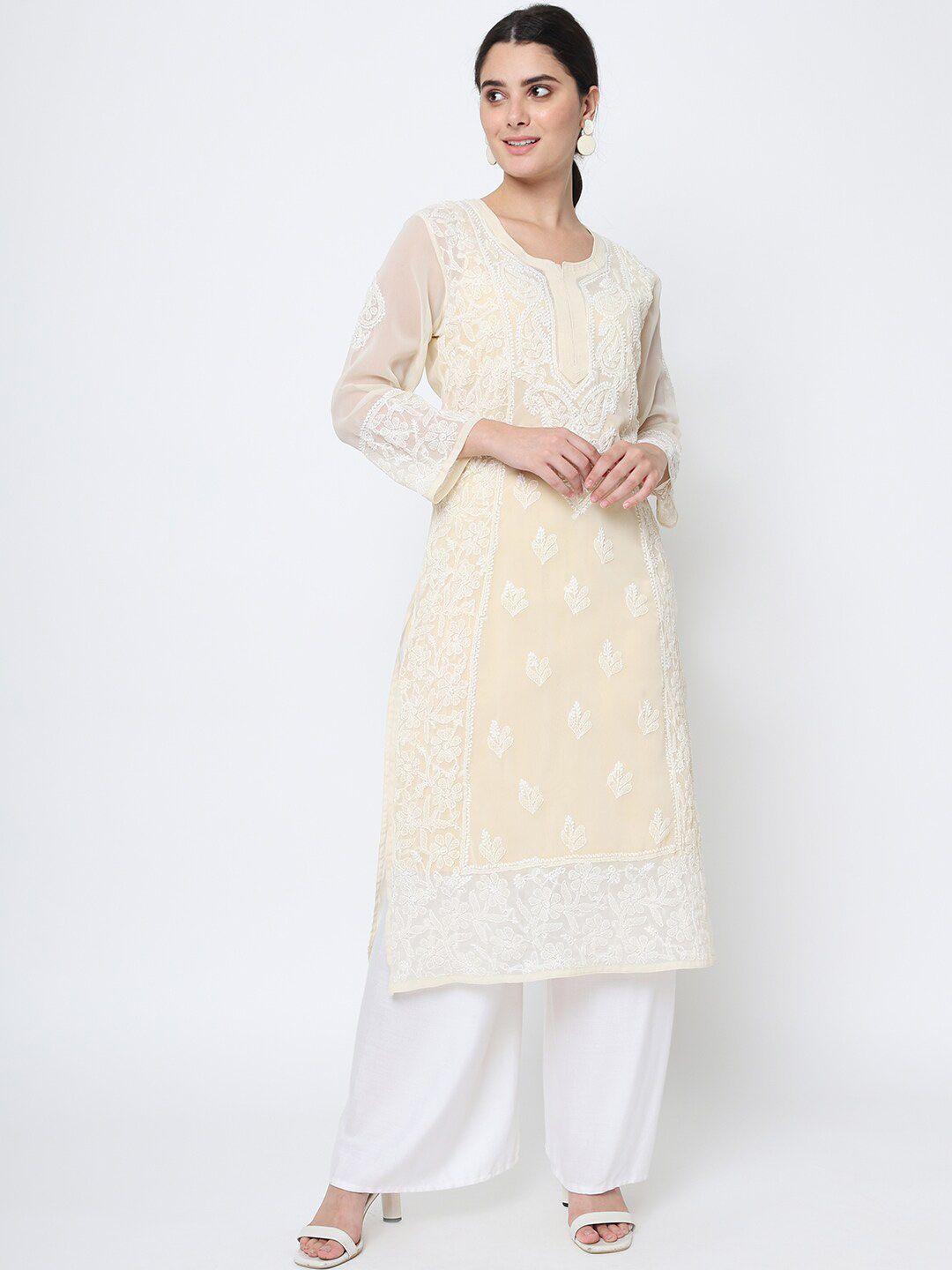 paramount chikan women beige ethnic motifs embroidered straight georgette kurta