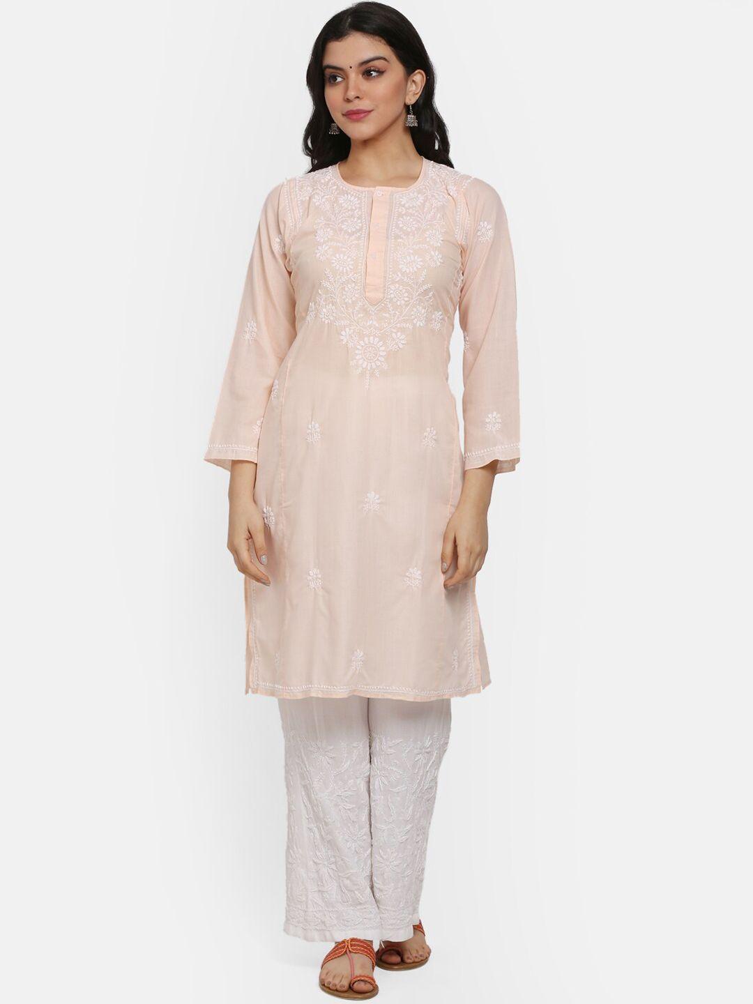 paramount chikan women beige flared sleeves kurta