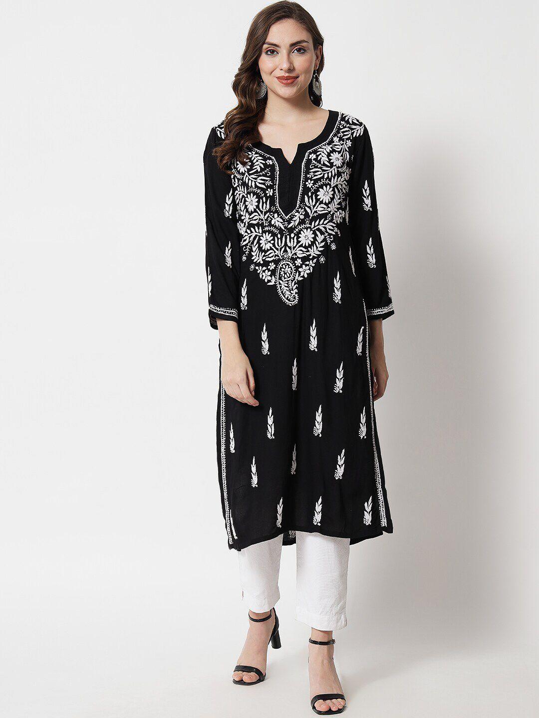 paramount chikan women black & white embroidered chikankari kurta