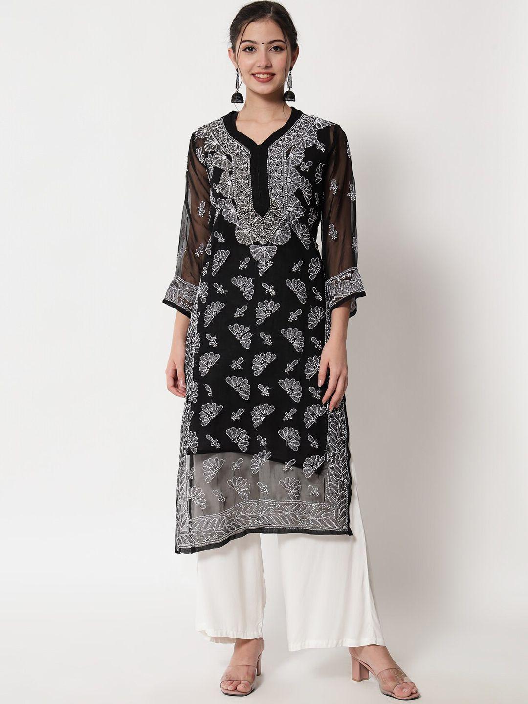 paramount chikan women black & white ethnic motifs embroidered chikankari georgette kurta