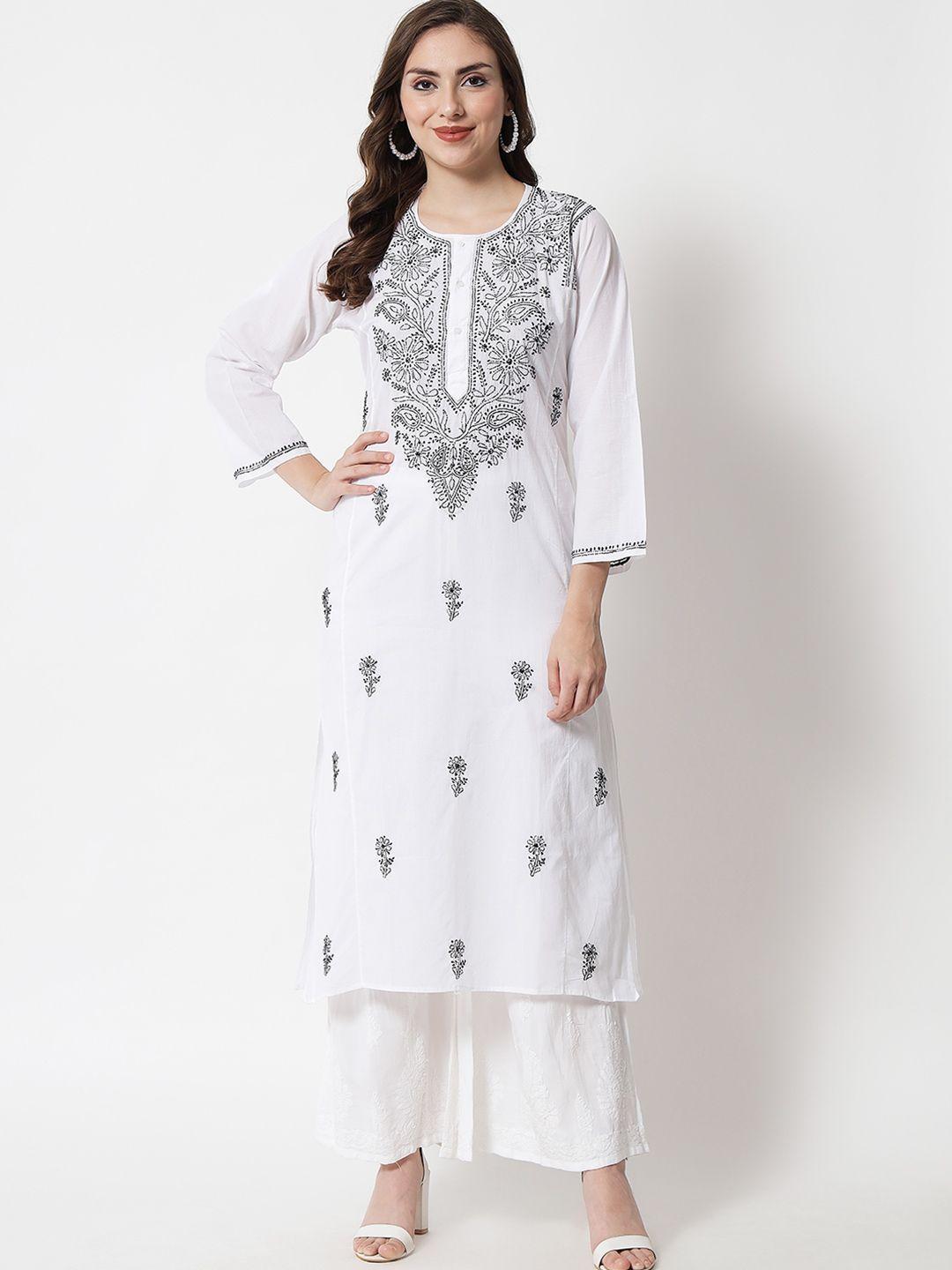 paramount chikan women black floral embroidered flared sleeves chikankari kurta