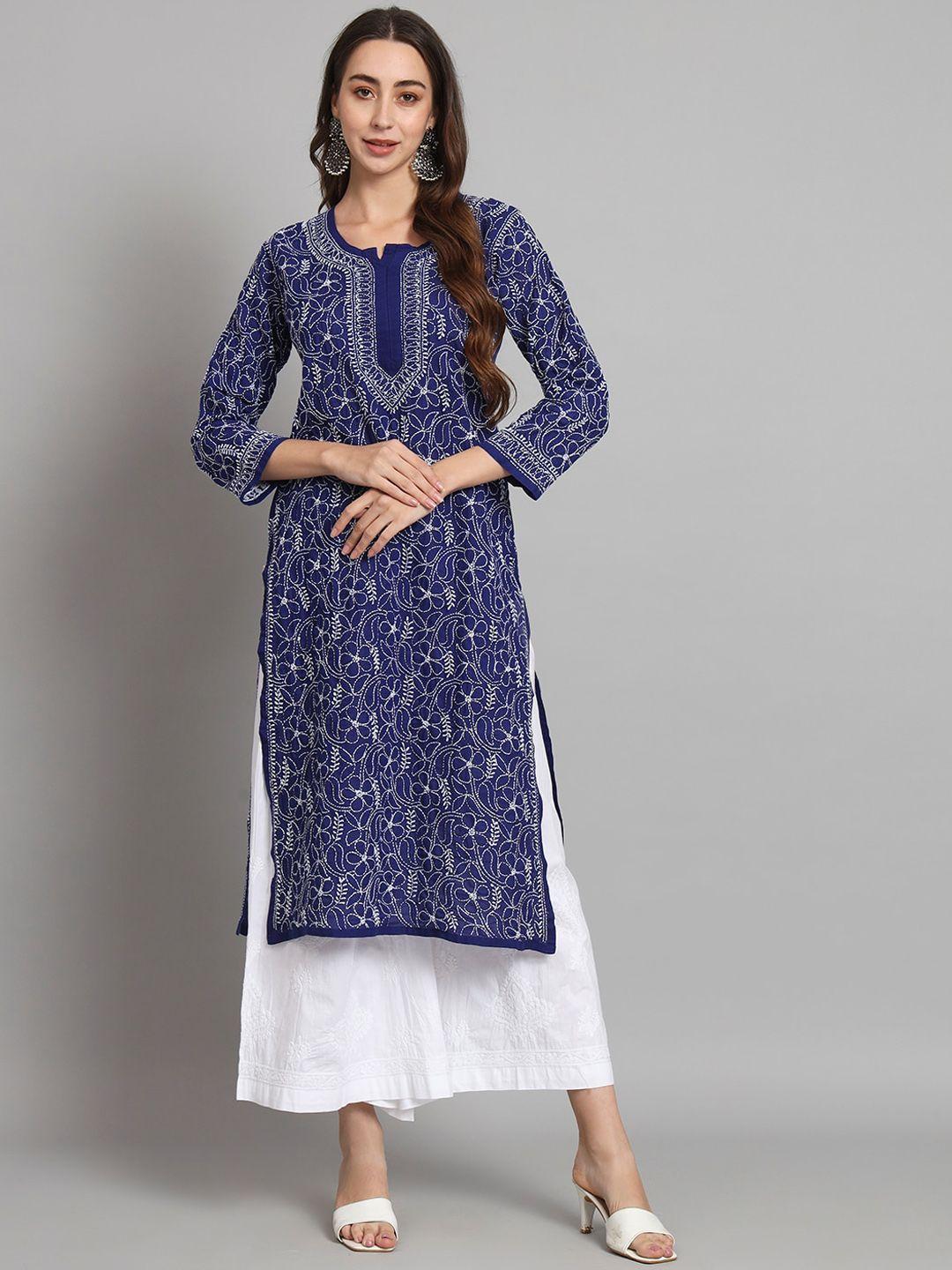 paramount chikan women blue & white ethnic motifs embroidered chikankari floral kurta