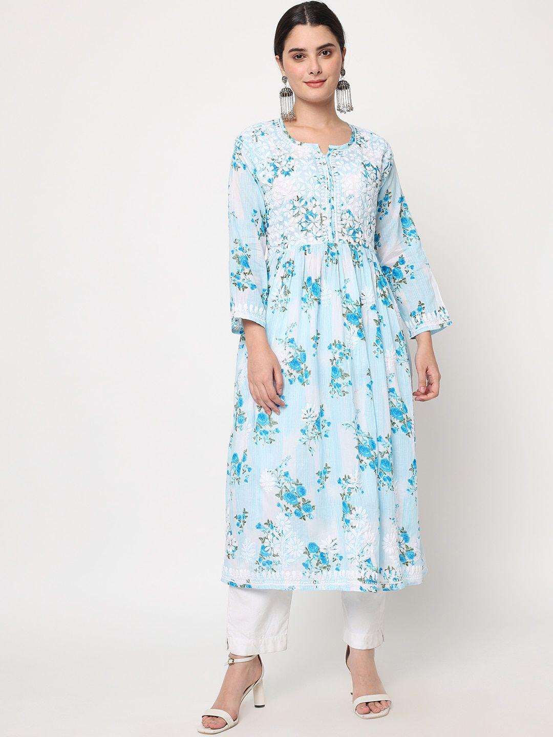 paramount chikan women blue chikankari embroidered a-line regular sleeve kurta