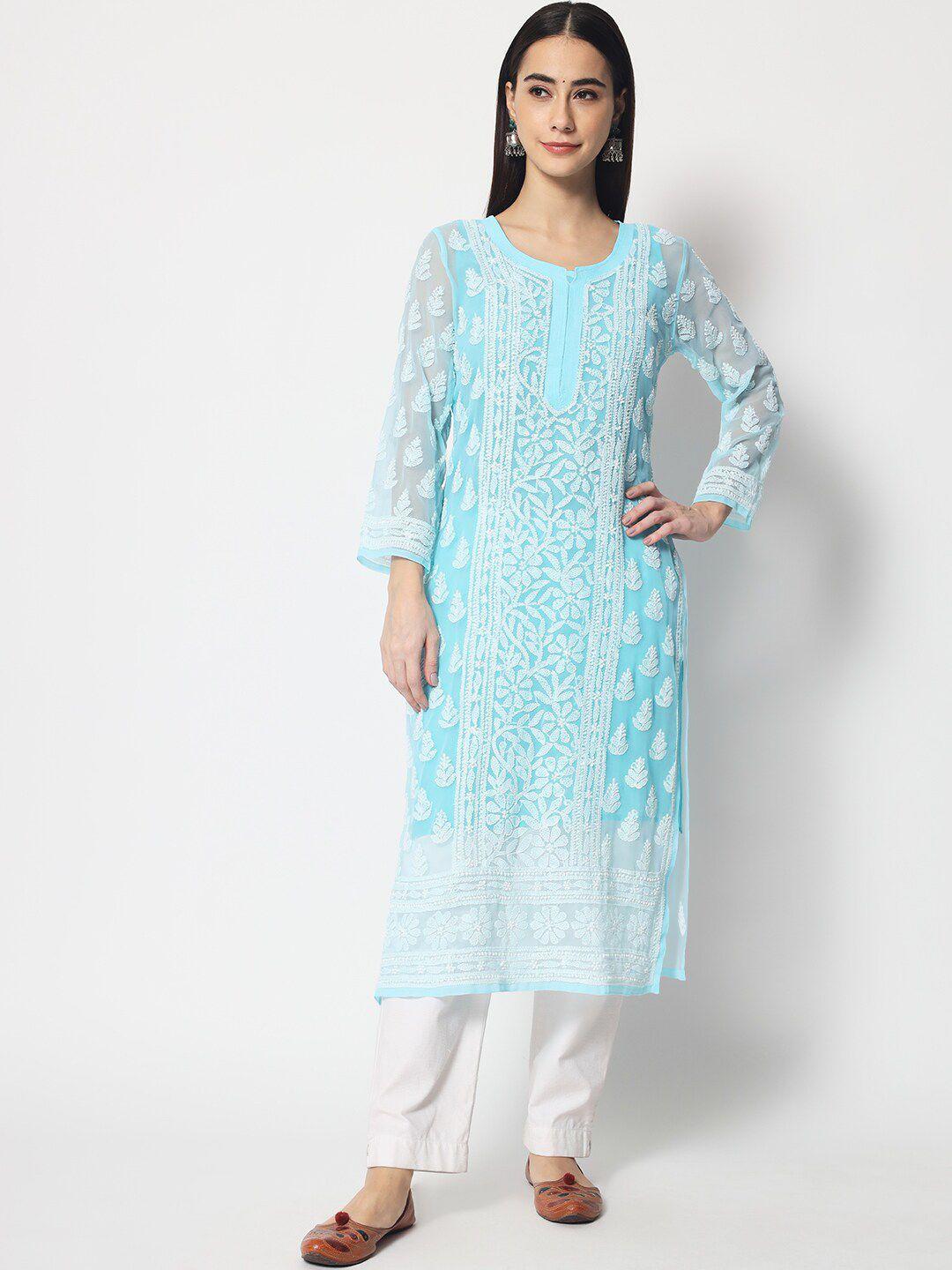 paramount chikan women blue chikankari embroidered ethnic motifs georgette straight kurta