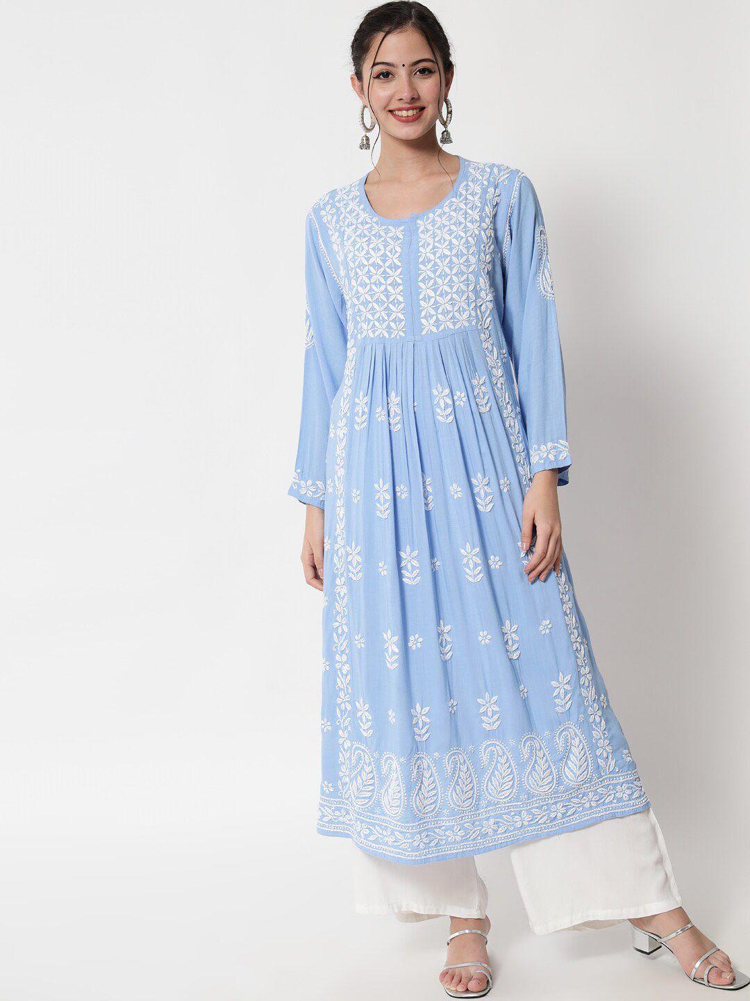 paramount chikan women blue chikankari hand embroidered floral anarkali kurta