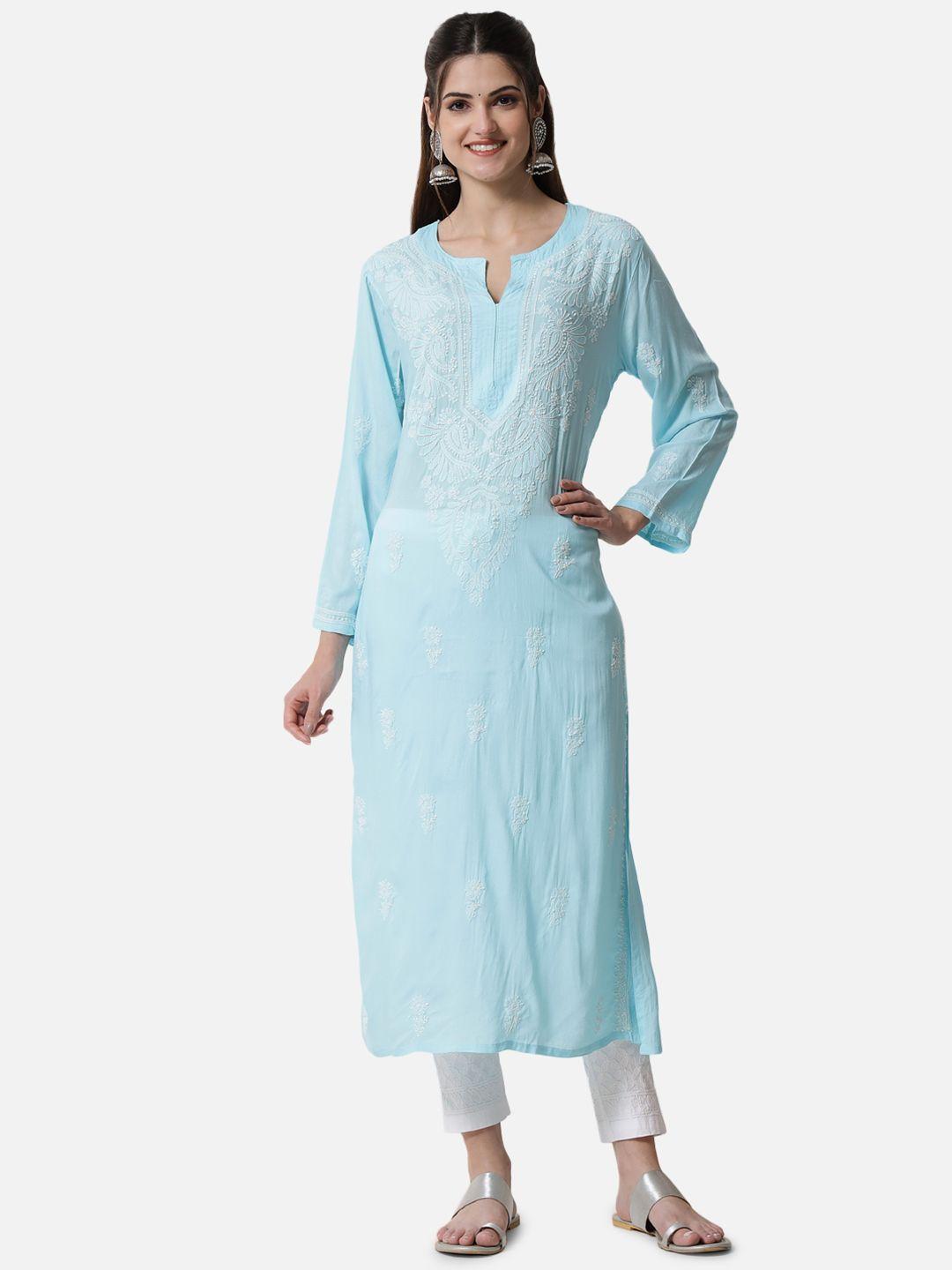 paramount chikan women blue floral embroidered chikankari kurta