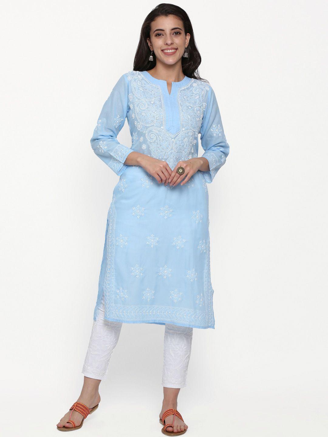 paramount chikan women blue paisley chikankari embroidered pure cotton kurta