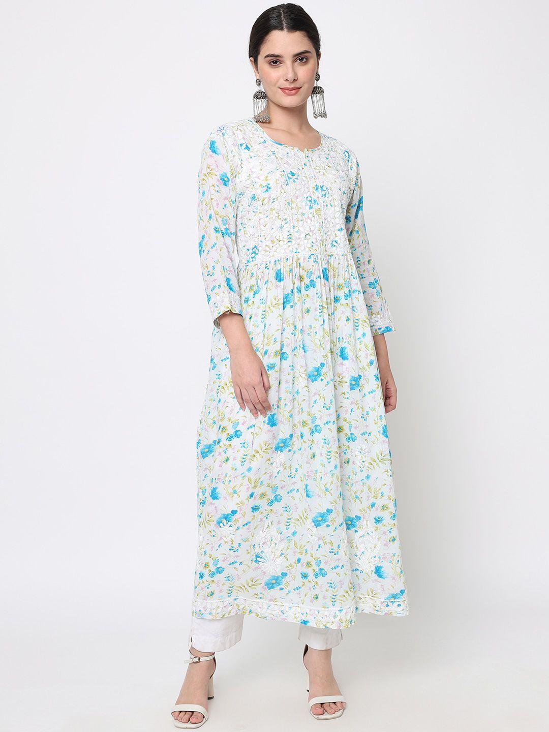 paramount chikan women blue printed chikankari embroidered a-line regular sleeve kurta