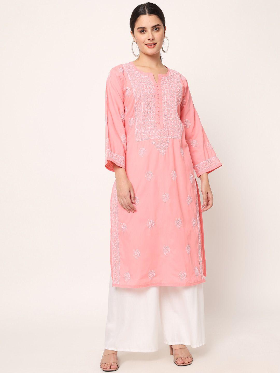 paramount chikan women coral & white embroidered chikankari cotton straight kurta