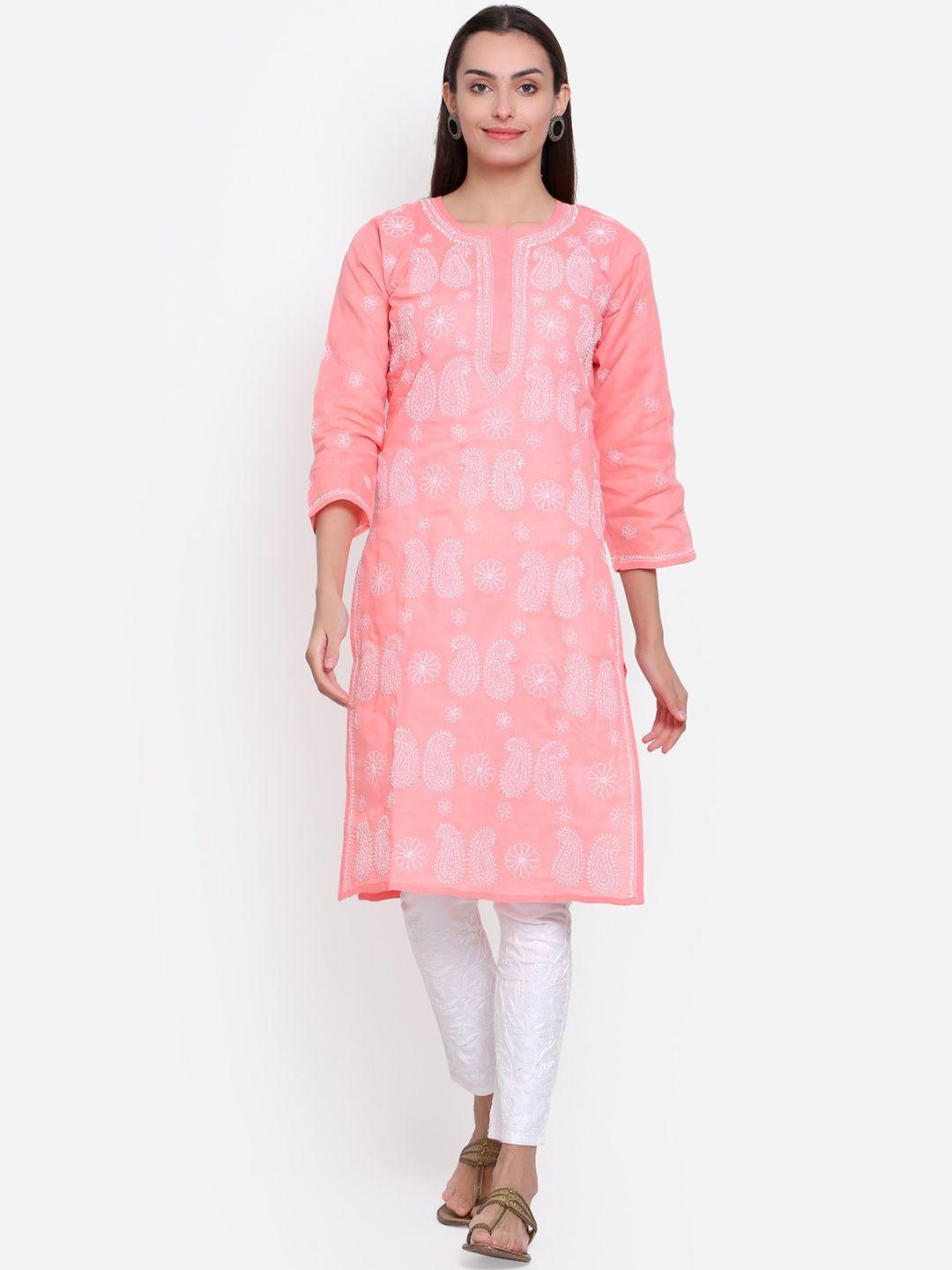 paramount chikan women coral ethnic motif hand embroidered chikankari cotton kurta