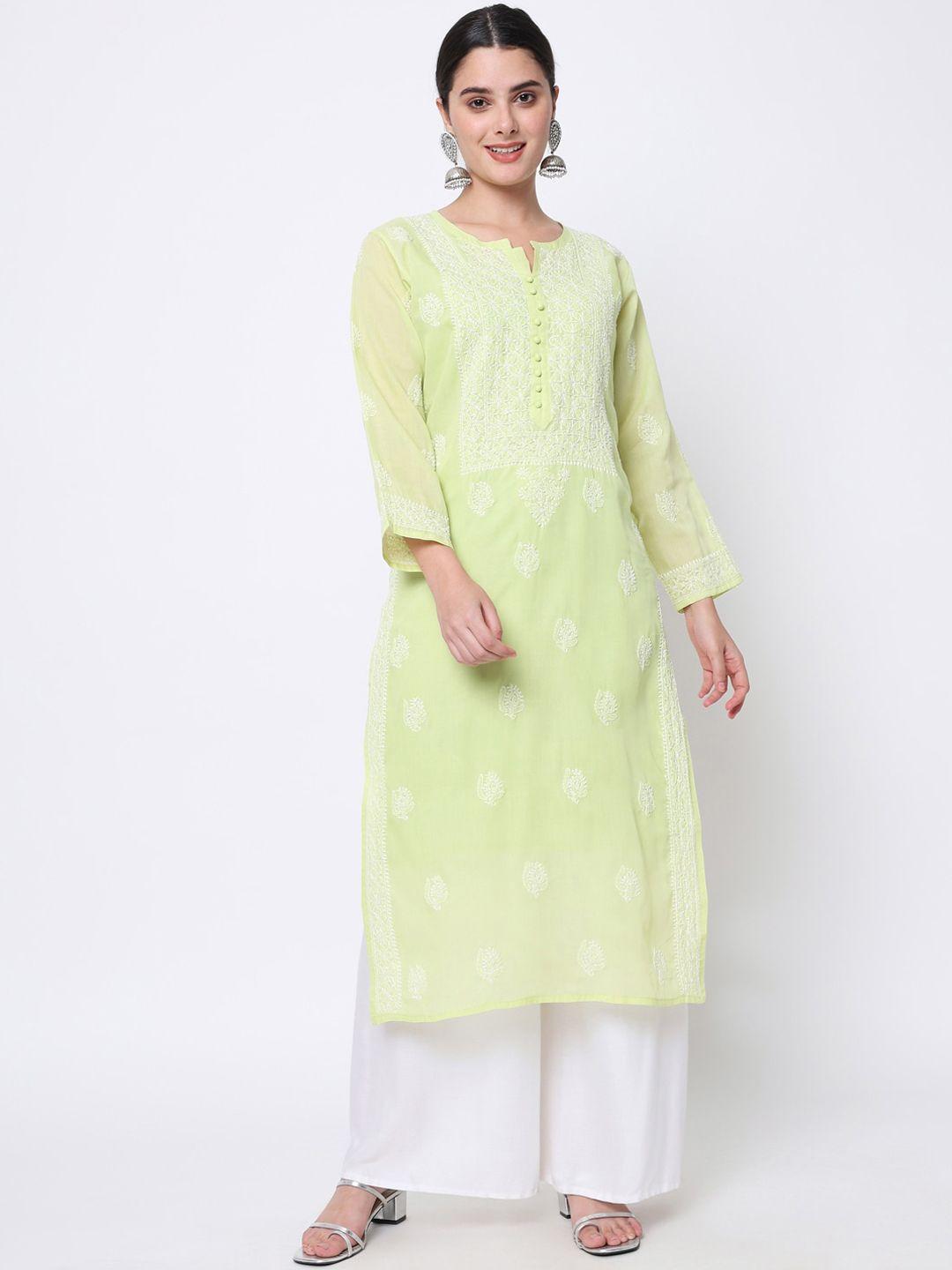 paramount chikan women green & white embroidered chikankari cotton straight kurta