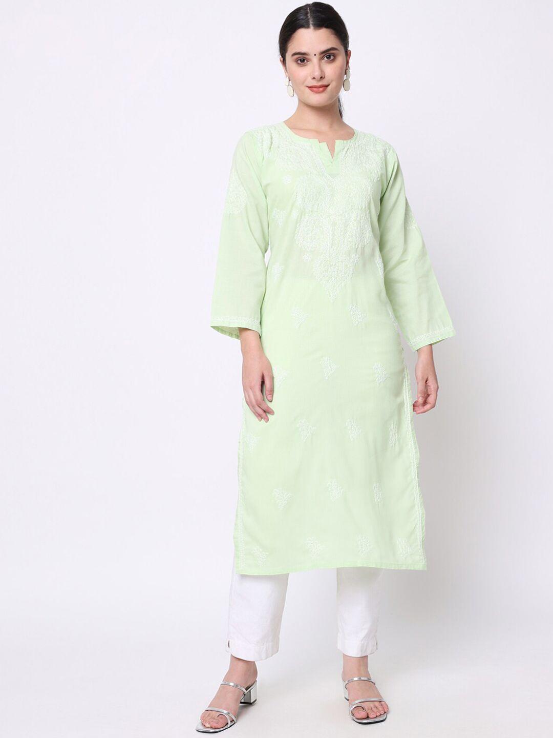 paramount chikan women green & white embroidered cotton chikankari kurta