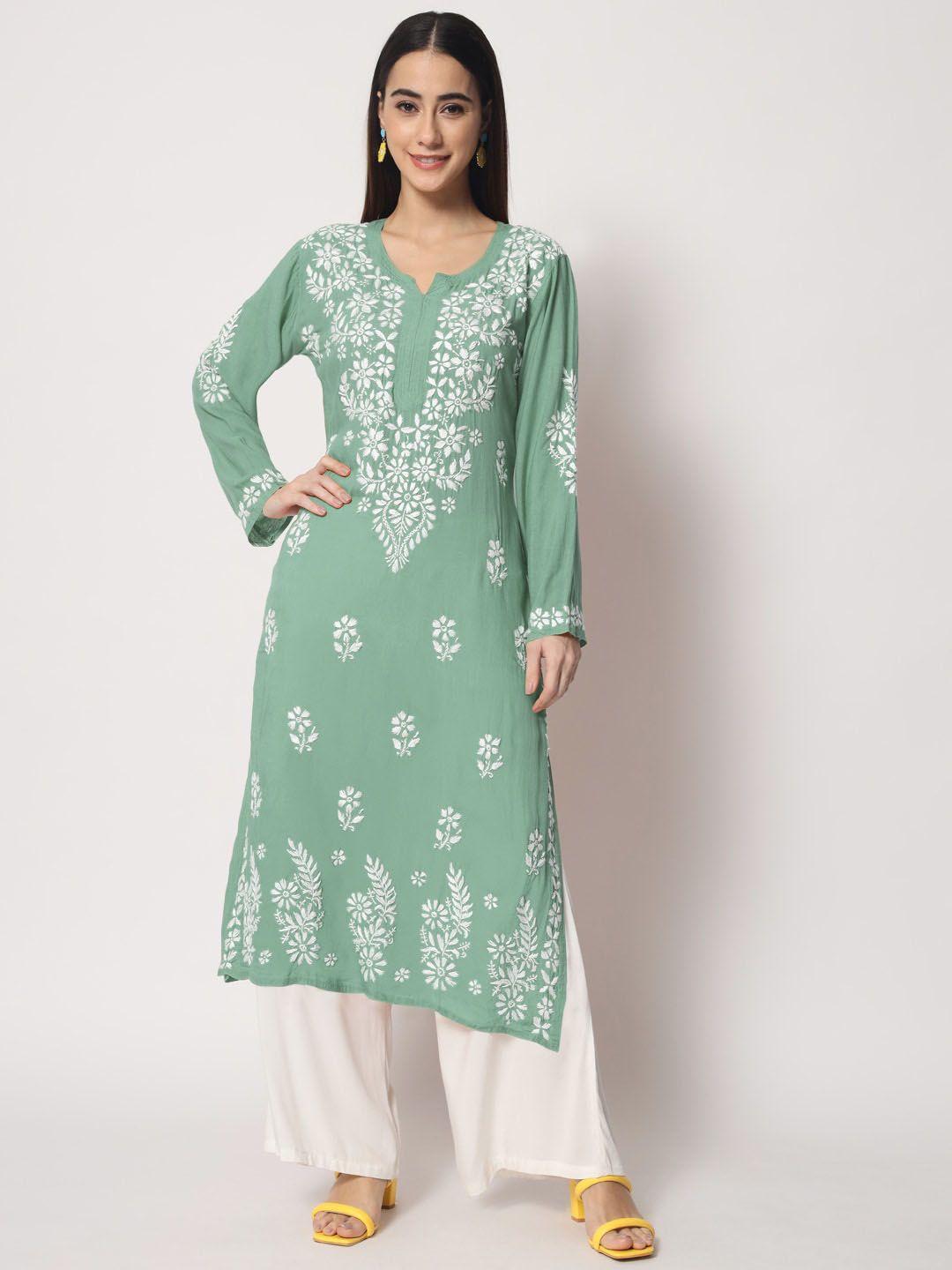 paramount chikan women green & white ethnic motifs embroidered chikankari floral kurta