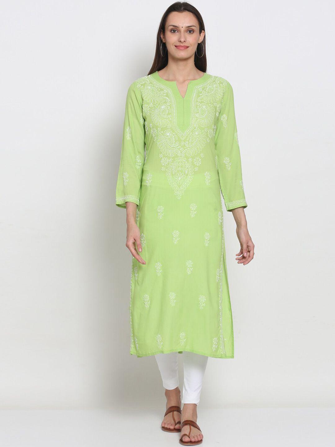 paramount chikan women green embroidered chikankari modal straight kurta