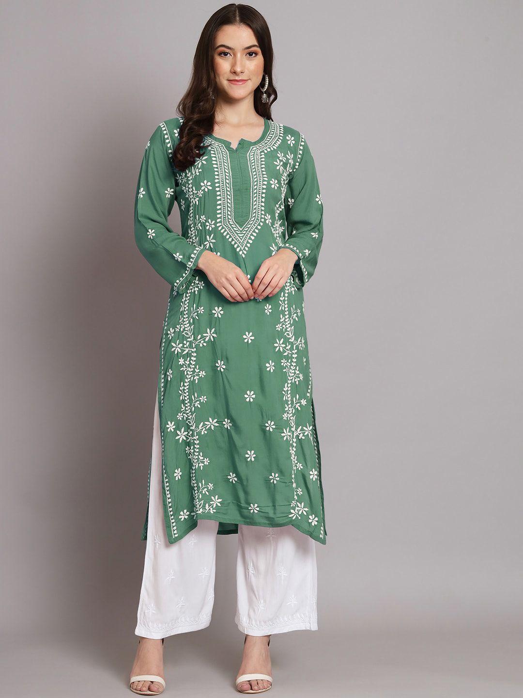 paramount chikan women green ethnic motifs embroidered chikankari floral kurta