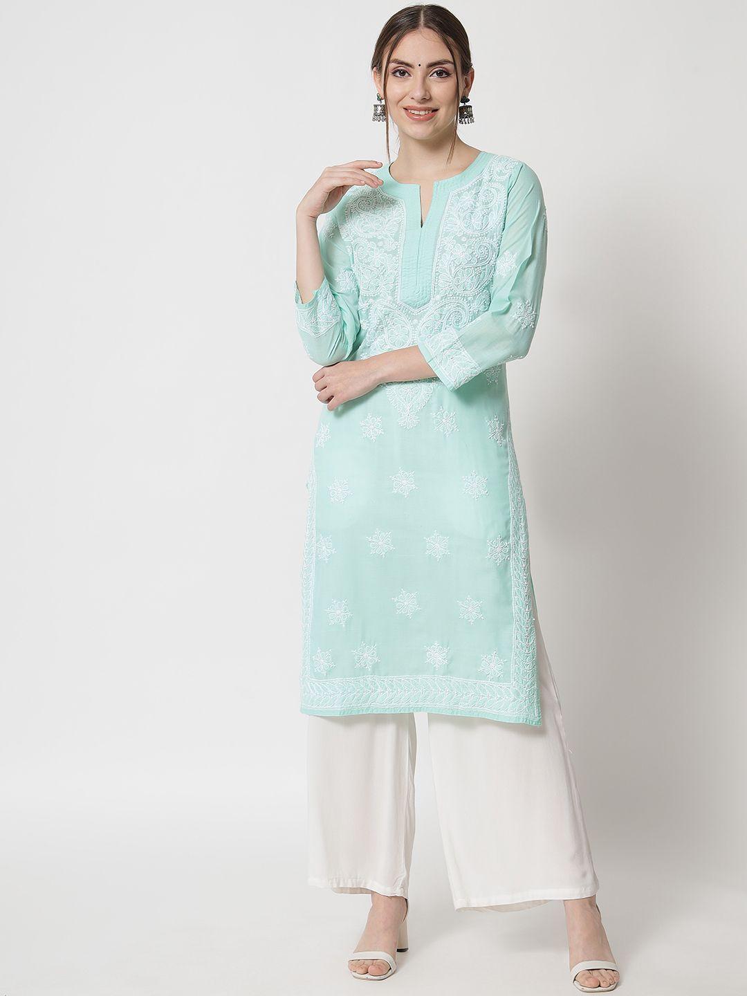 paramount chikan women green ethnic motifs embroidered chikankari kurta