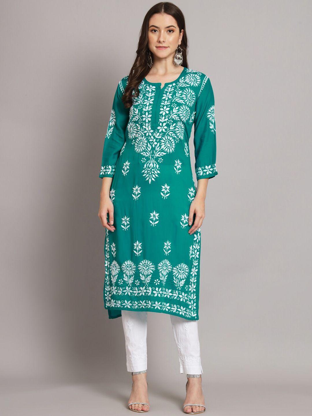 paramount chikan women green ethnic motifs printed keyhole neck flared sleeves sequinned floral kurta