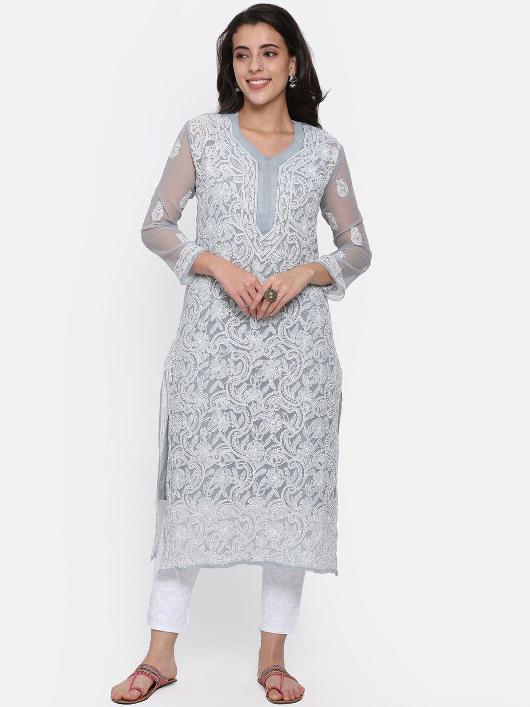 paramount chikan women grey & white floral embroidered chikankari georgette kurta