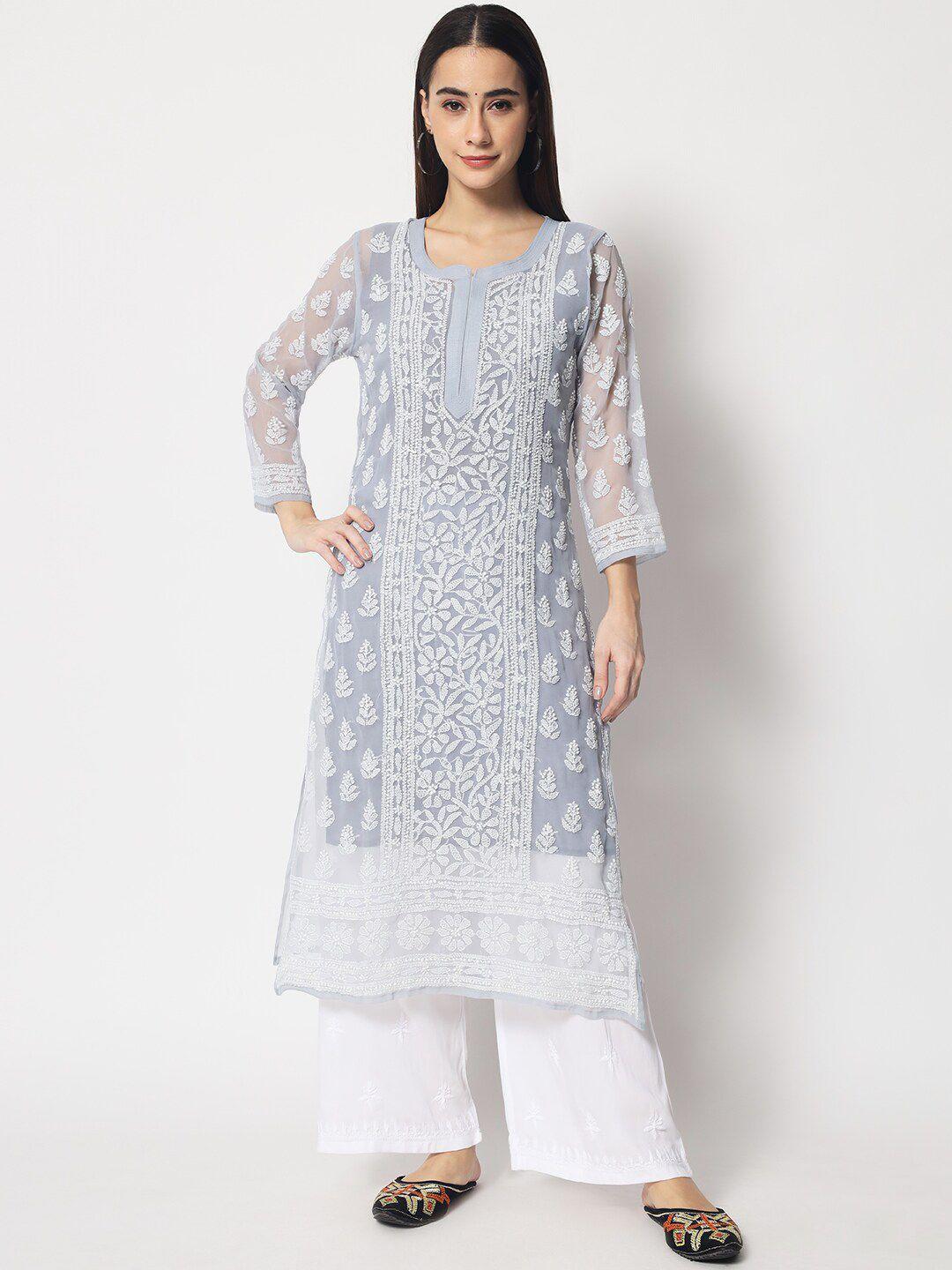 paramount chikan women grey chikankari hand embroidered ethnic motifs straight kurta