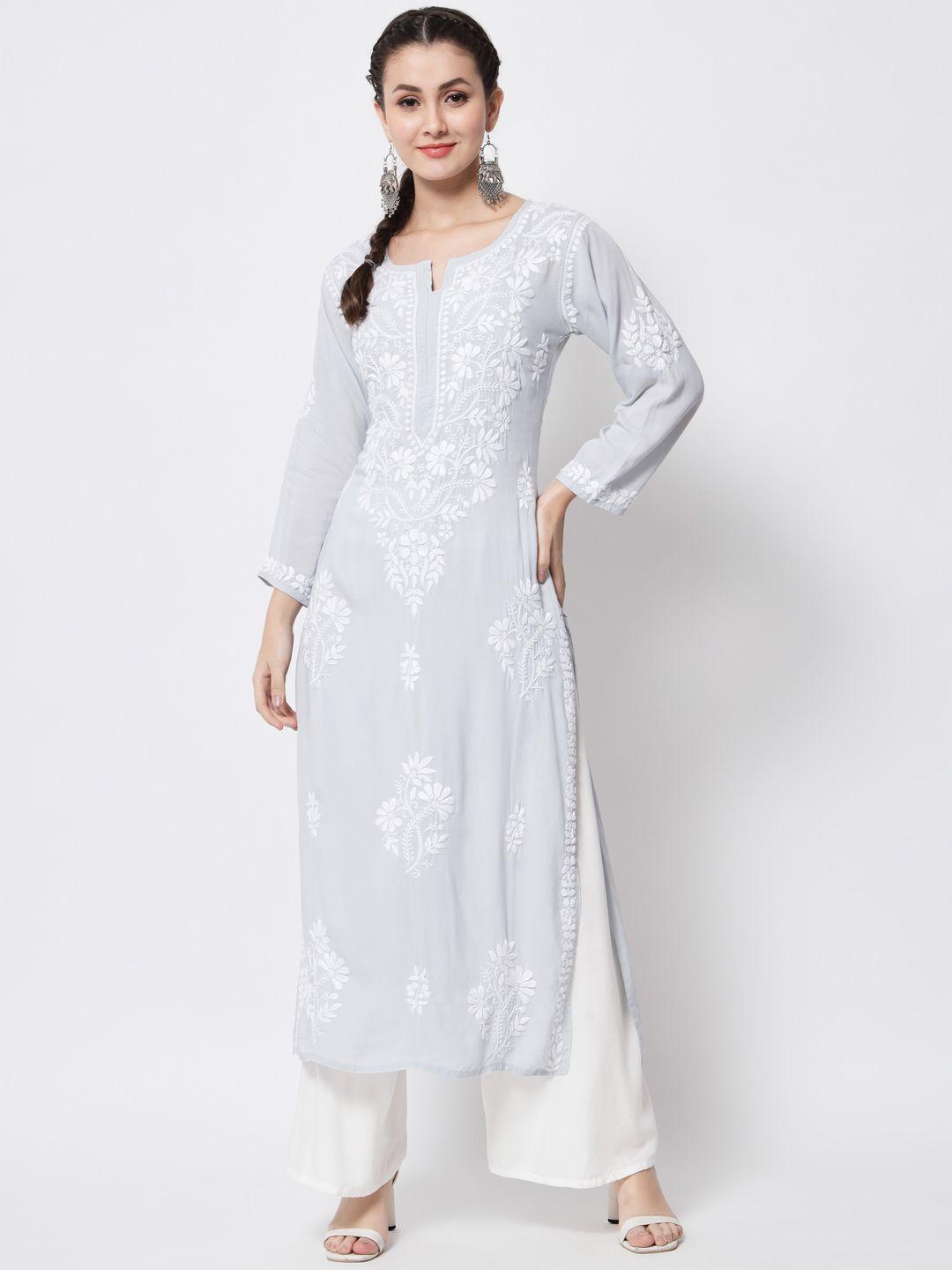 paramount chikan women grey chikankari hand embroidered modal straight kurta