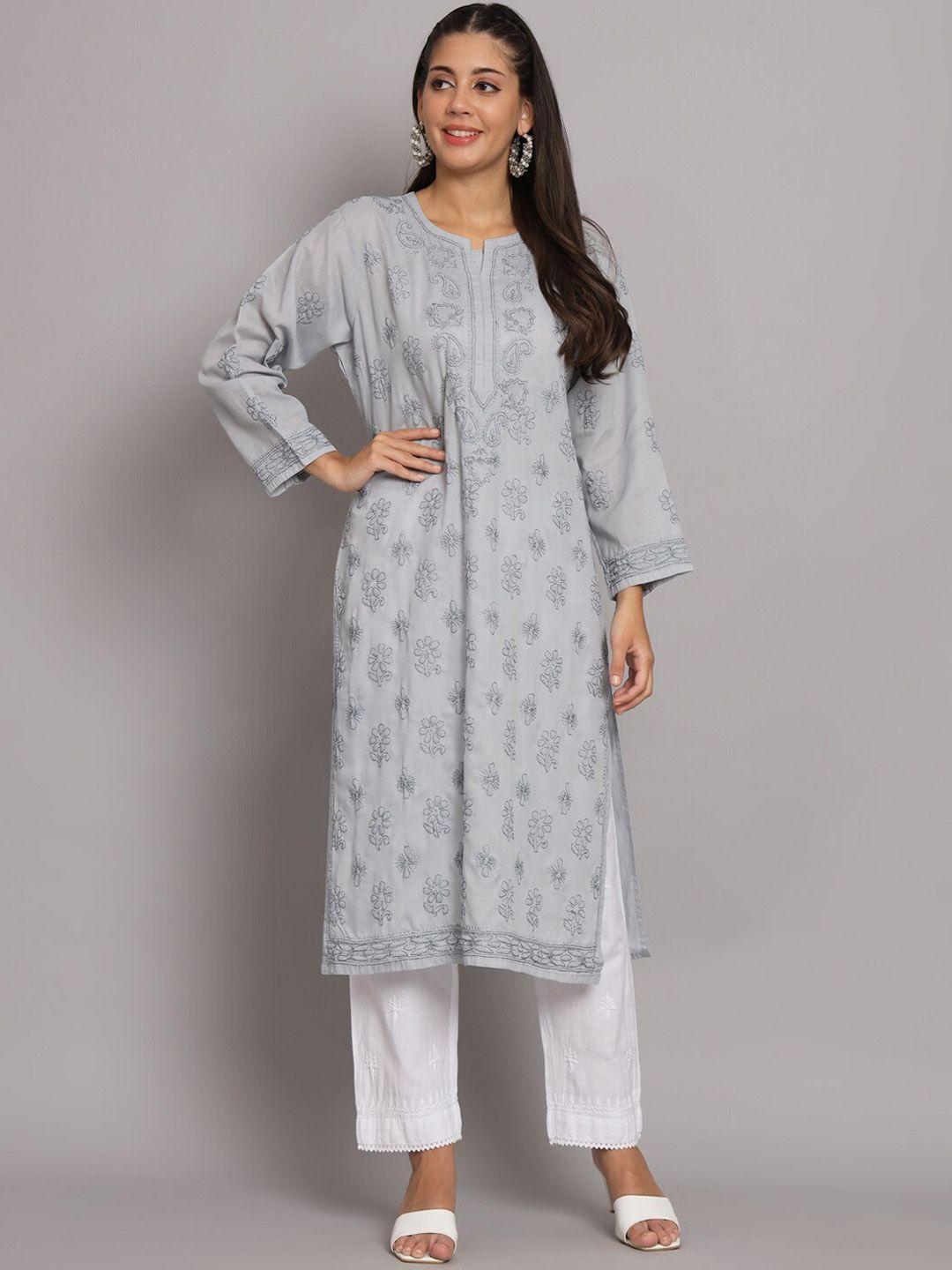 paramount chikan women grey ethnic motifs embroidered chikankari floral kurta