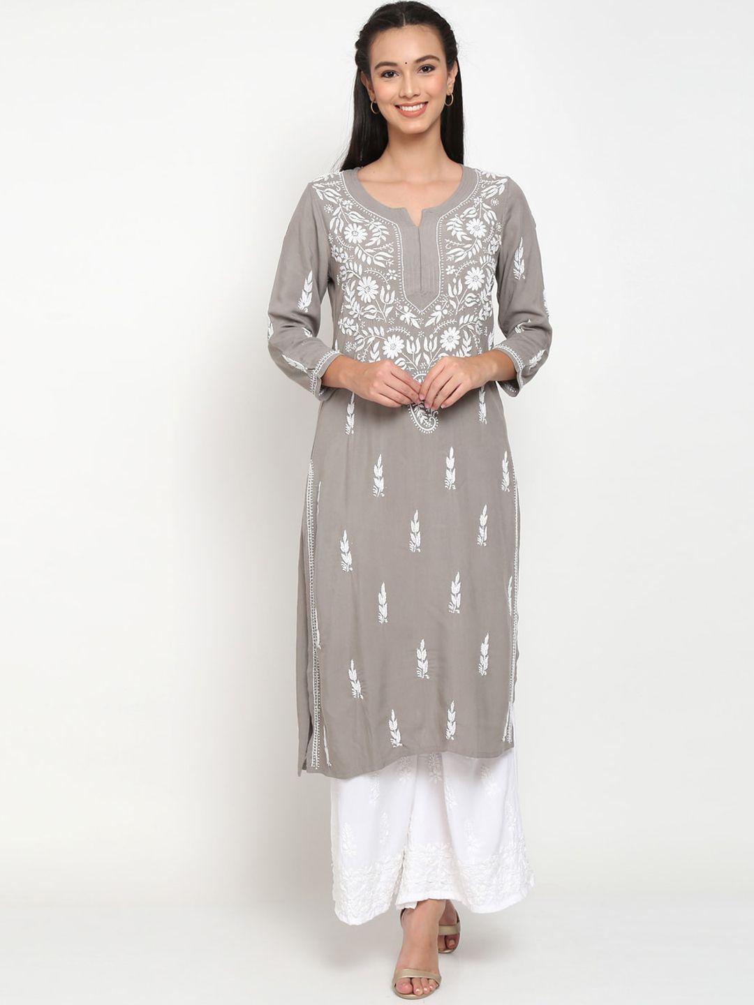 paramount chikan women grey ethnic motifs embroidered chikankari kurta