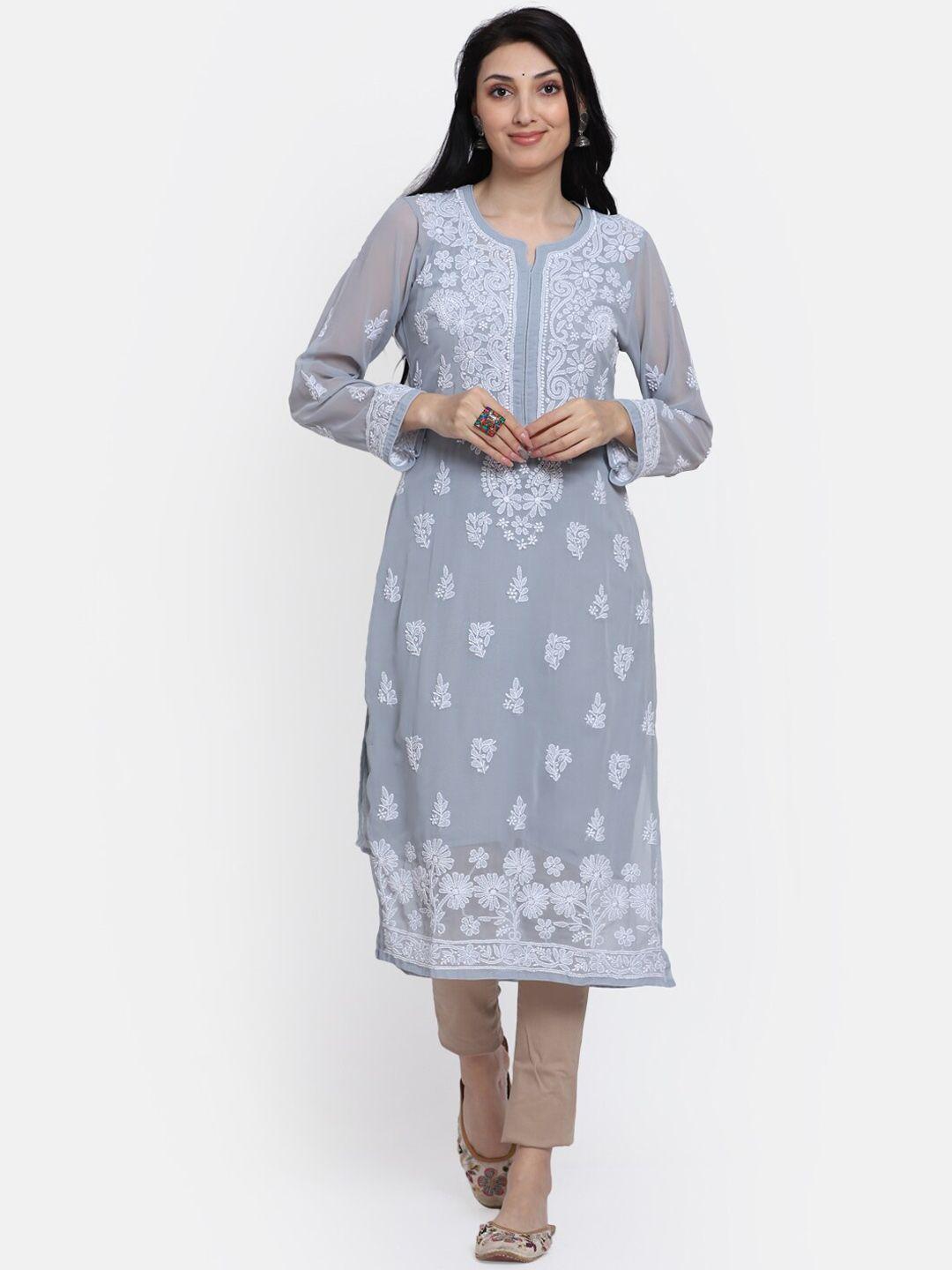 paramount chikan women grey ethnic motifs hand embroidered chikankari georgette kurta