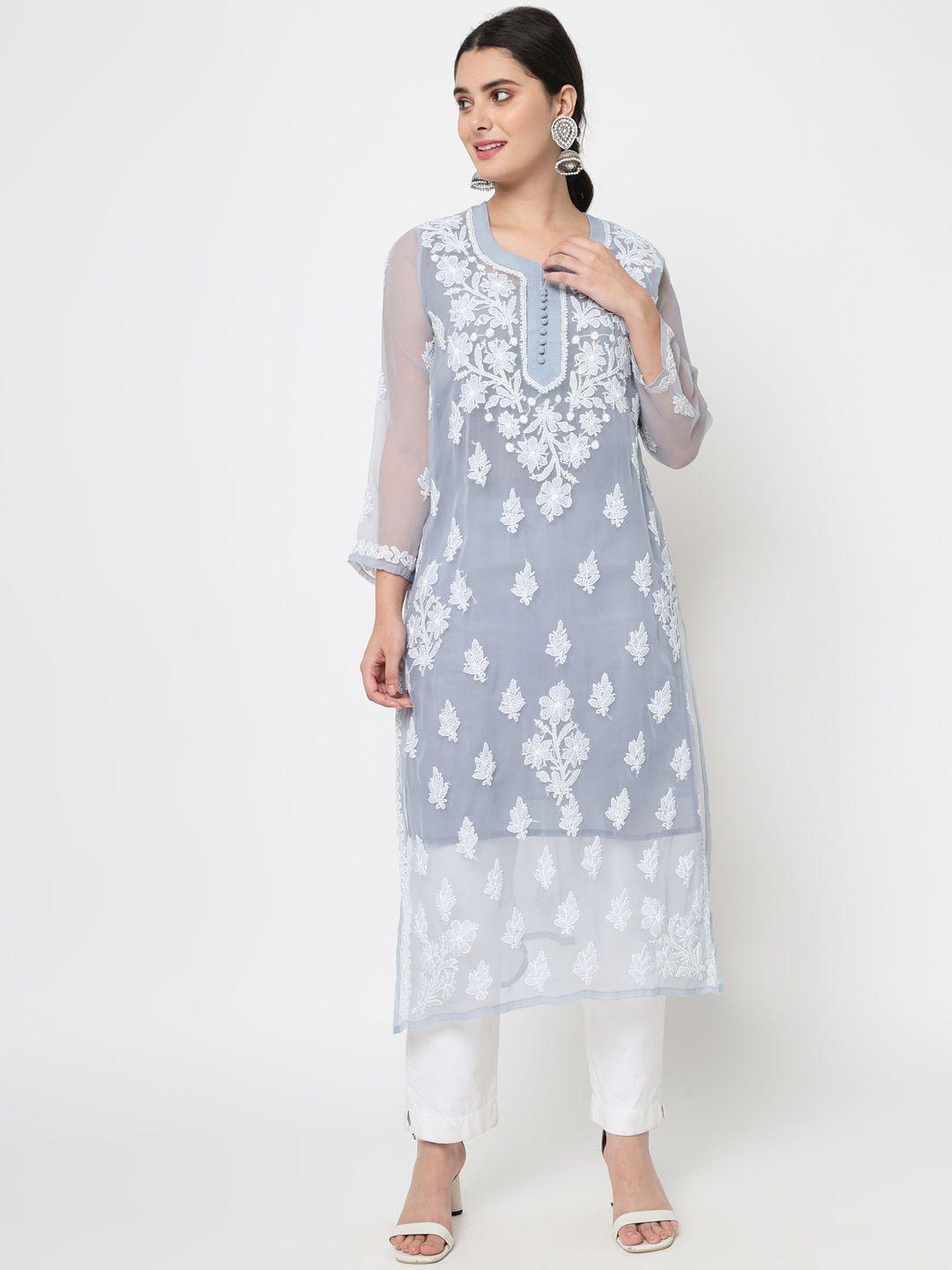 paramount chikan women grey floral embroidered chikankari georgette kurta with slip