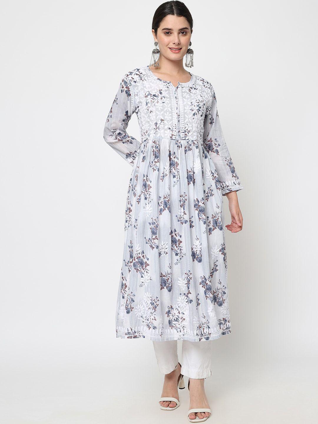 paramount chikan women grey printed chikankari embroidered a-line regular sleeve kurta