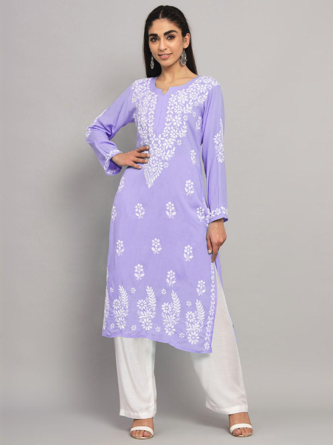 paramount chikan women lavender & white ethnic motifs embroidered chikankari floral kurta