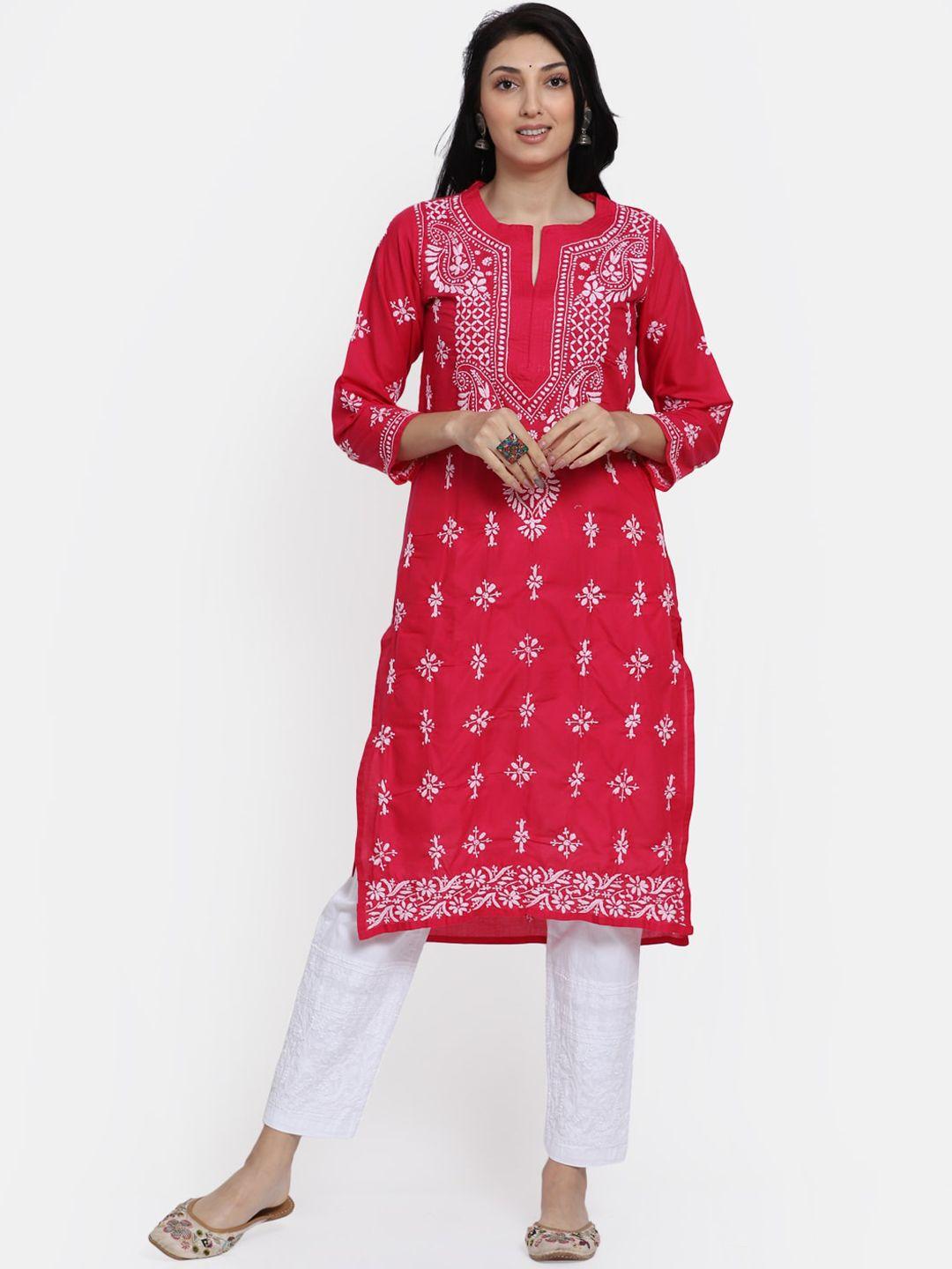 paramount chikan women magenta ethnic motifs chikankari cotton straight kurta