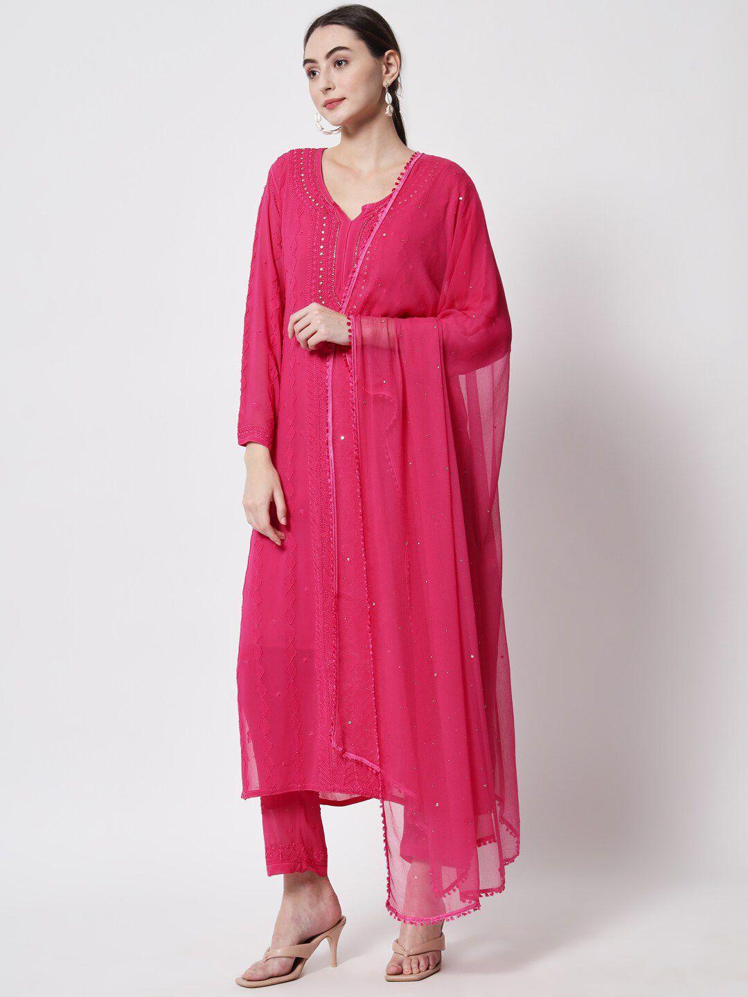 paramount chikan women magenta floral embroidered chikankari kurta with trousers & with dupatta