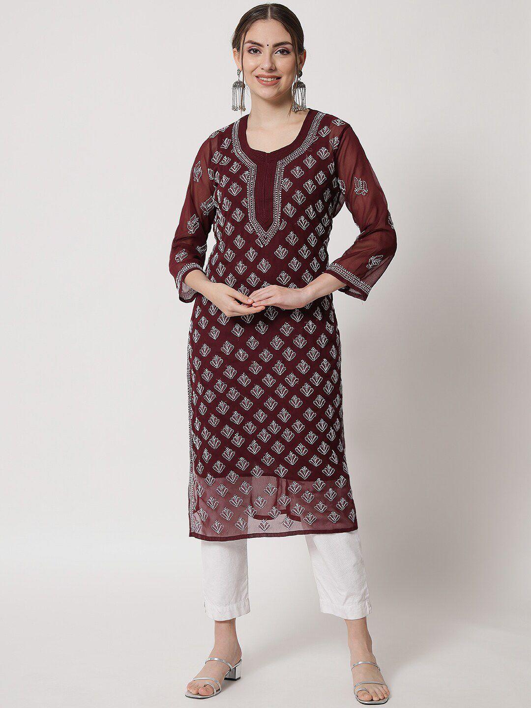 paramount chikan women maroon hand embroidered chikankari georgette kurta