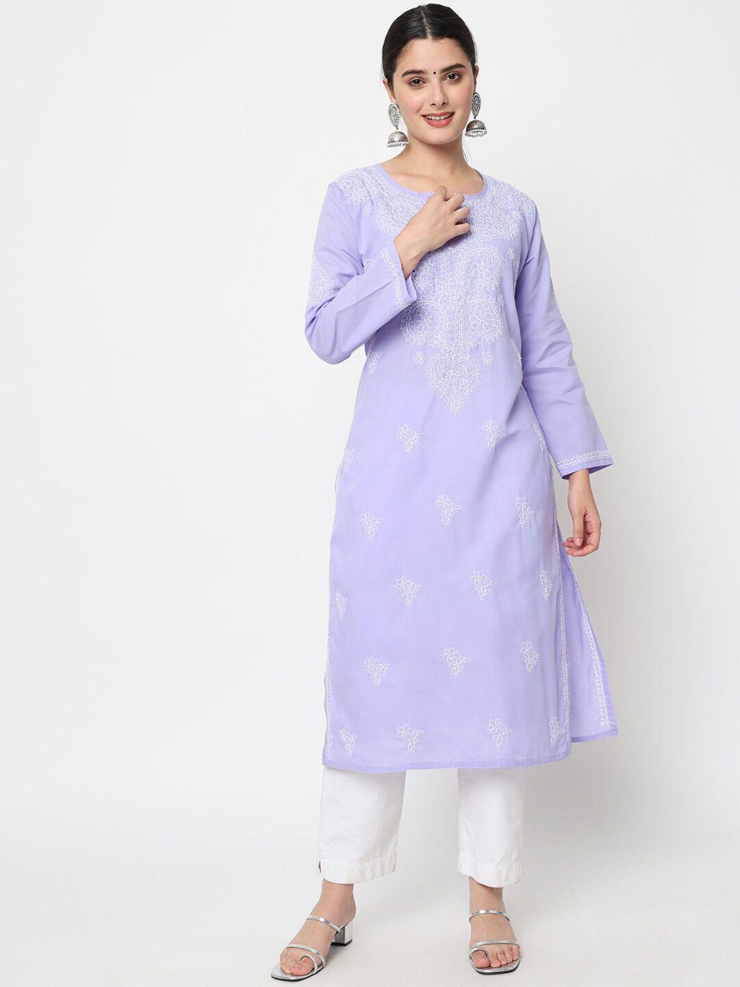 paramount chikan women mauve & white embroidered cotton chikankari kurta