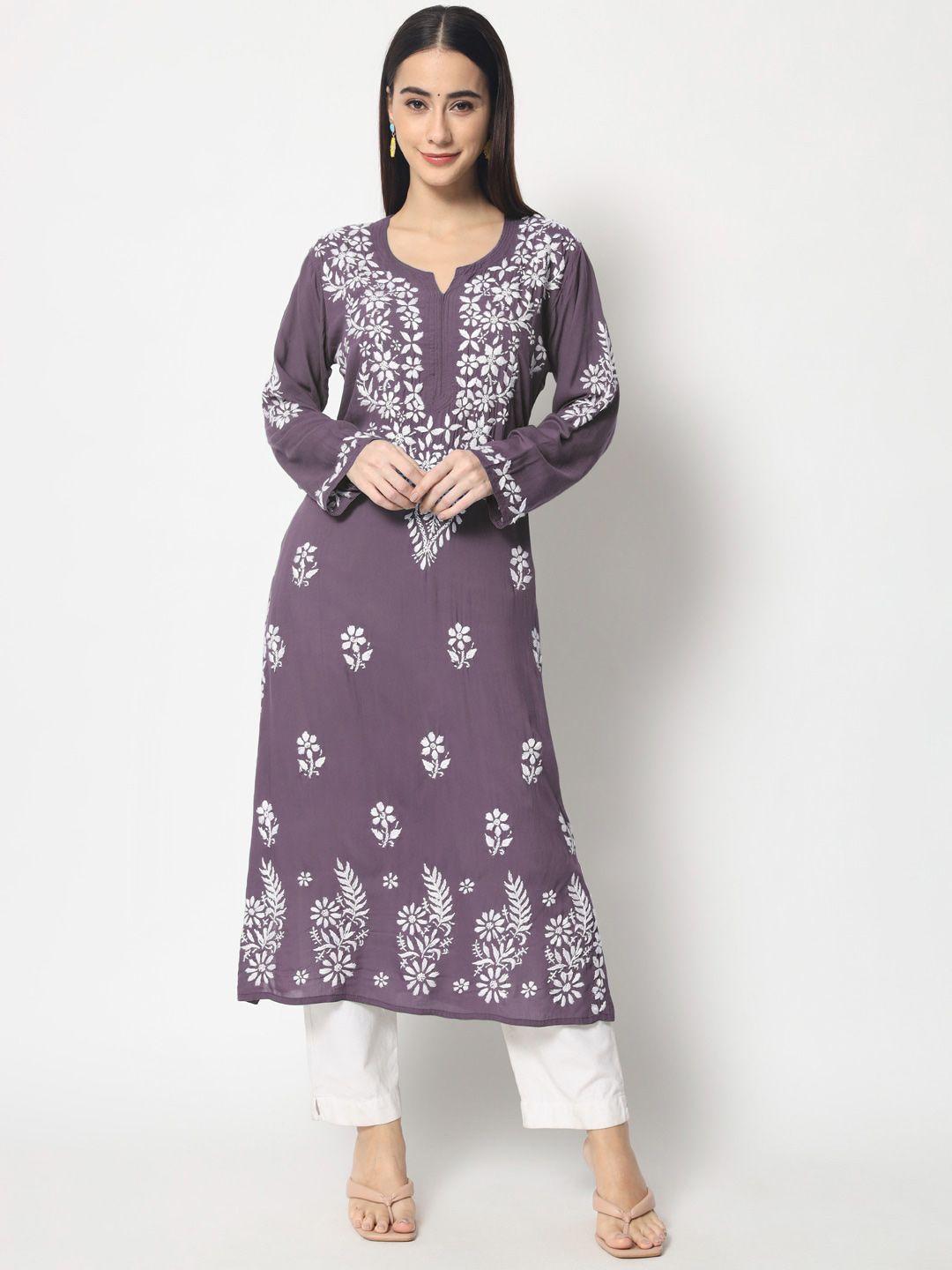 paramount chikan women mauve & white ethnic motifs embroidered chikankari floral kurta