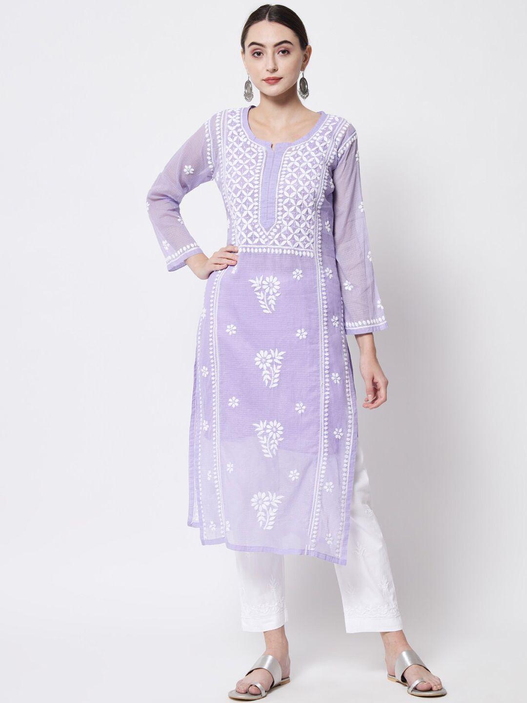 paramount chikan women mauve chikankari embroidered ethnic motifs cotton straight kurta