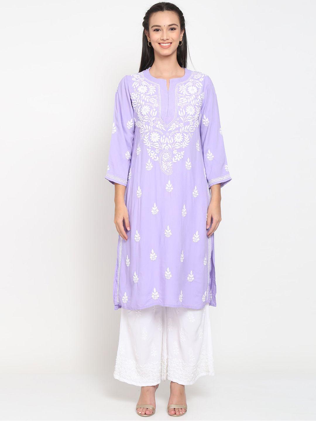 paramount chikan women mauve ethnic motifs embroidered flared sleeves chikankari kurta