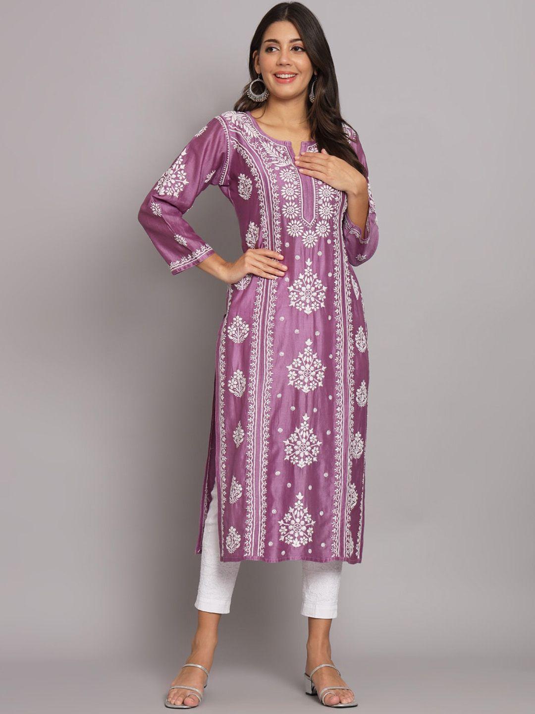 paramount chikan women mauve ethnic motifs printed flared sleeves sequinned floral kurta