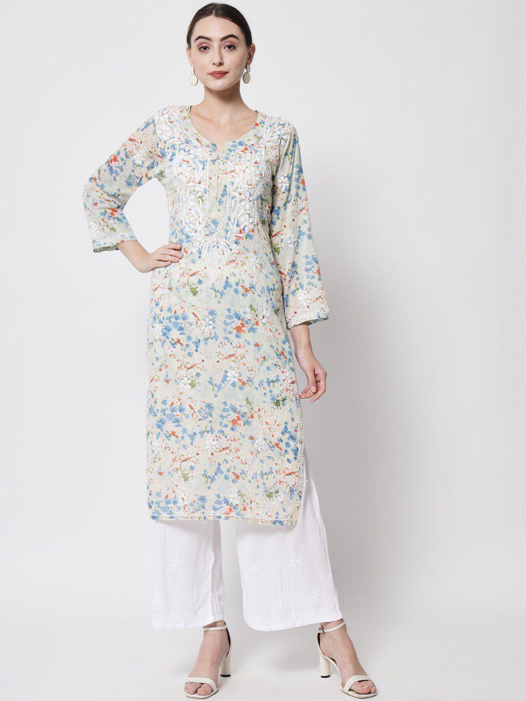 paramount chikan women multicoloured chikankari hand embroidered cotton straight kurta