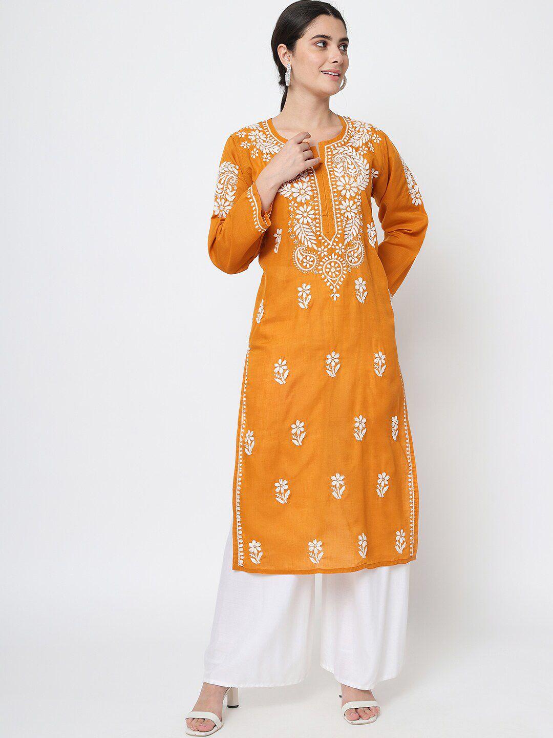 paramount chikan women mustard yellow chikankari embroidery regular sleeves cotton kurta