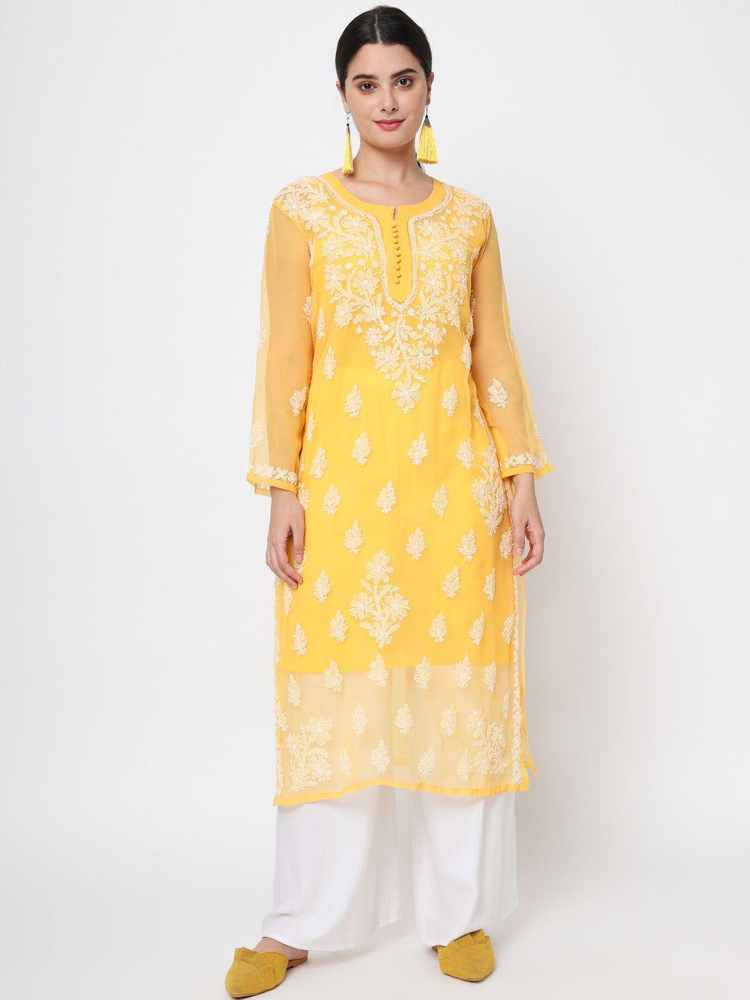 paramount chikan women mustard yellow embroidered chikankari georgette kurta with slip