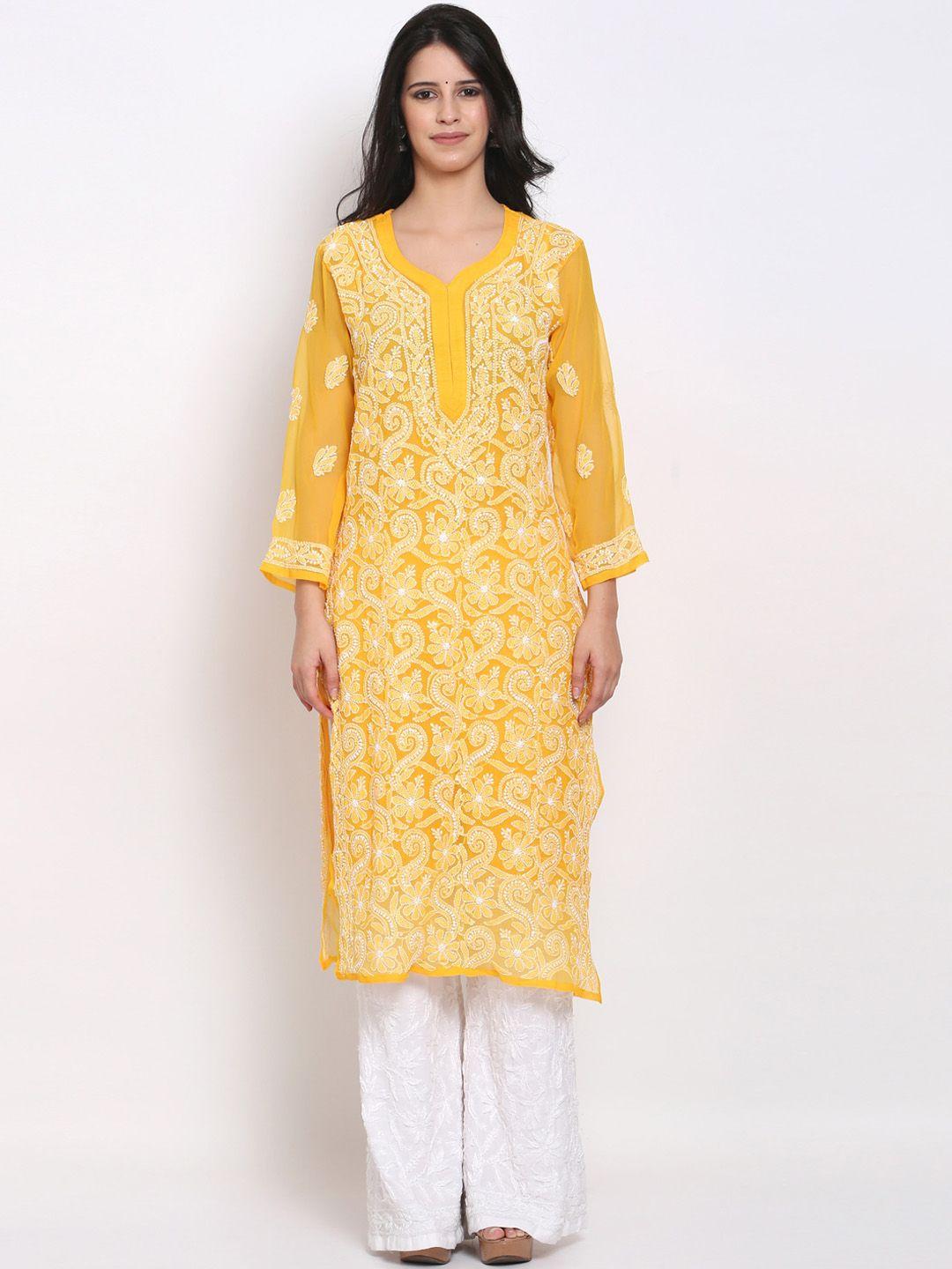 paramount chikan women mustard yellow floral embroidered chikankari floral georgette kurta