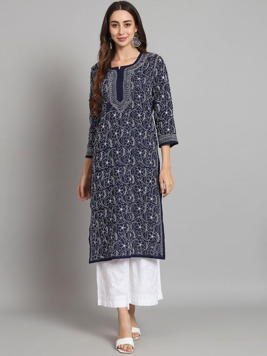 paramount chikan women navy blue & white ethnic motifs embroidered chikankari floral kurta