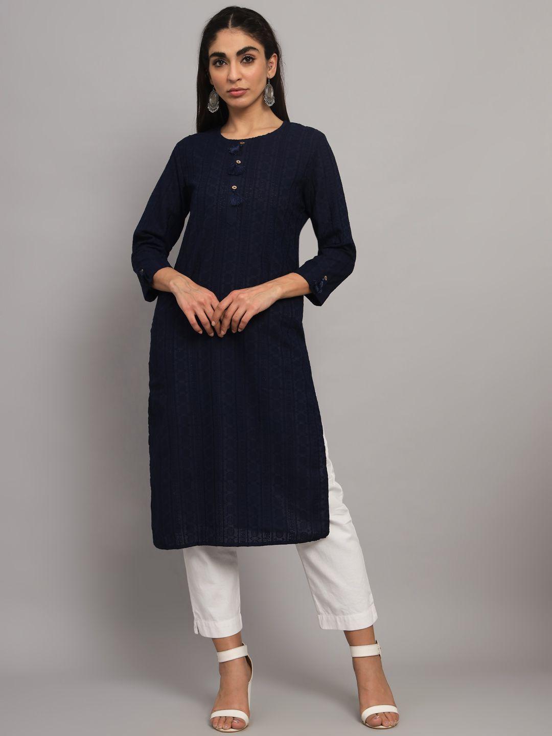 paramount chikan women navy blue embroidered chikankari cotton straight kurta