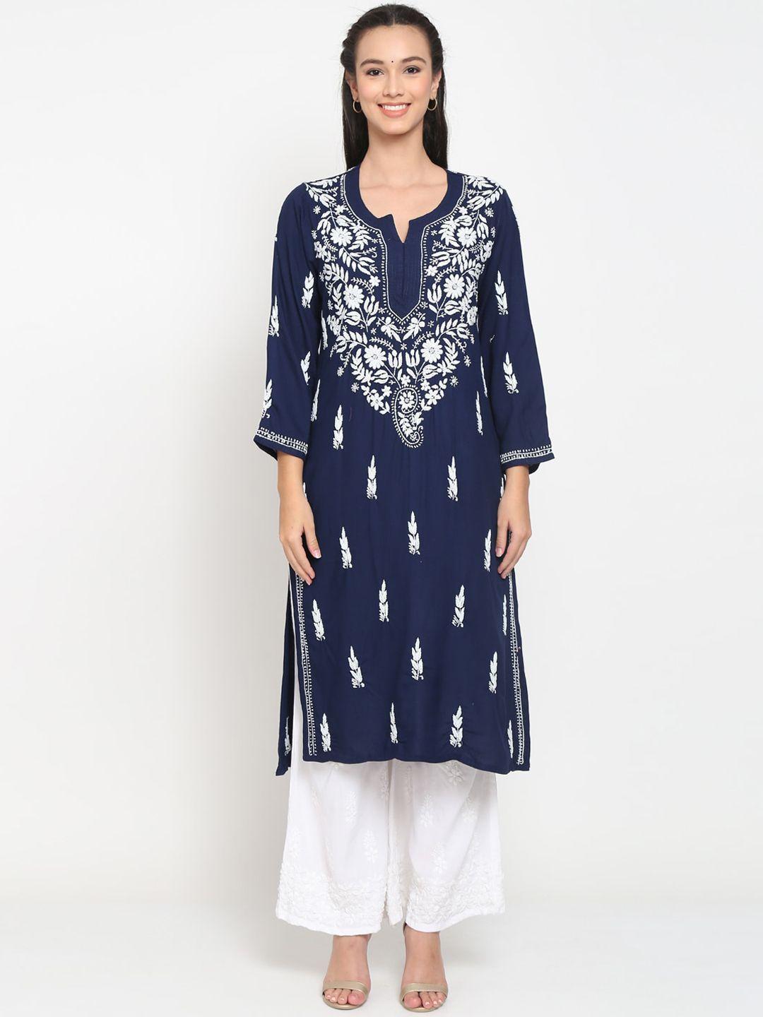 paramount chikan women navy blue embroidered flared sleeves chikankari kurta