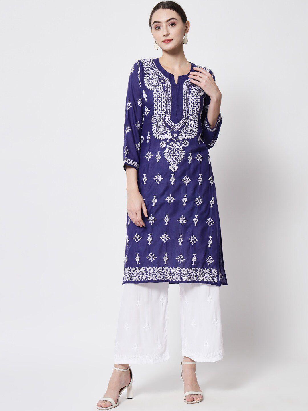 paramount chikan women navy blue ethnic motifs embroidered chikankari floral kurta