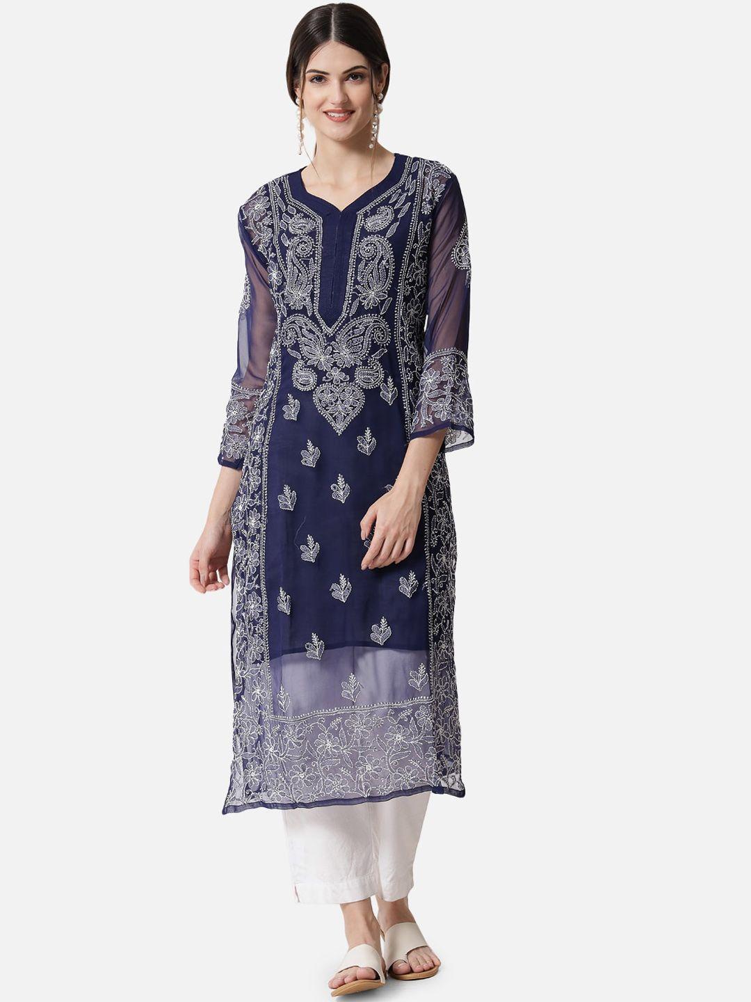 paramount chikan women navy chikankari round neck georgette kurta