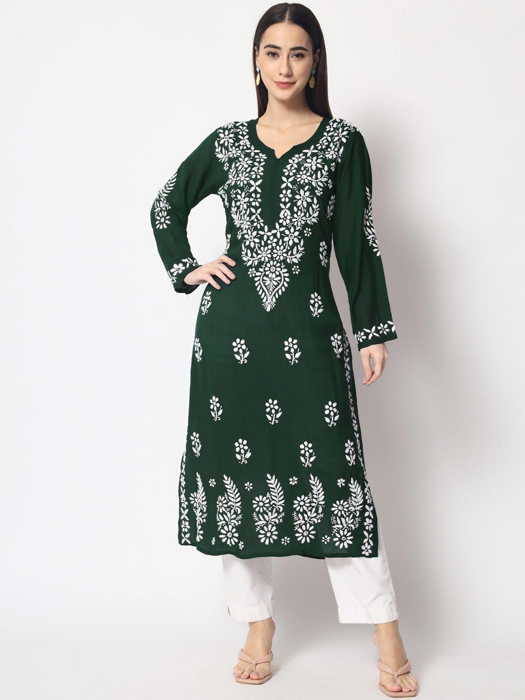 paramount chikan women olive green & white ethnic motifs embroidered chikankari floral kurta