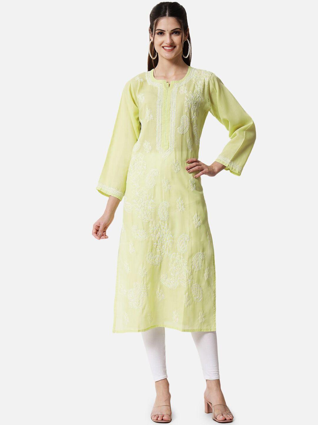 paramount chikan women olive green embroidered chikankari flared sleeves thread work kurta